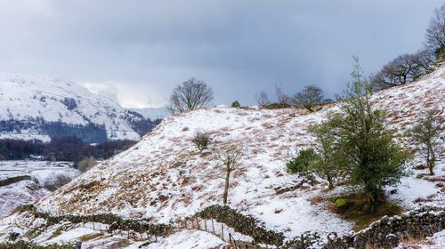Scenic view of snow covered mountains against sky