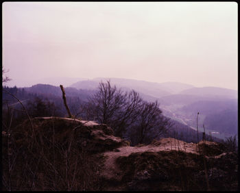 High angle view of plants and mountains against sky