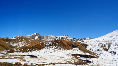 Scenic view of snowcapped mountains against clear blue sky