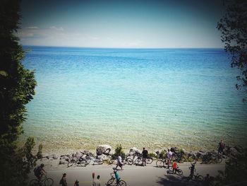 Scenic view of sea against clear blue sky