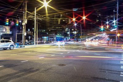 Light trails on road at night
