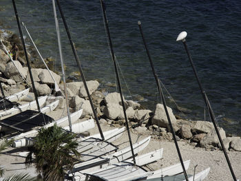 High angle view of rocks by sea