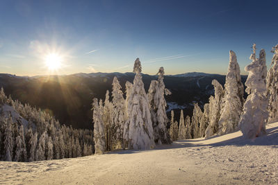 Scenic view of snow covered land against sky