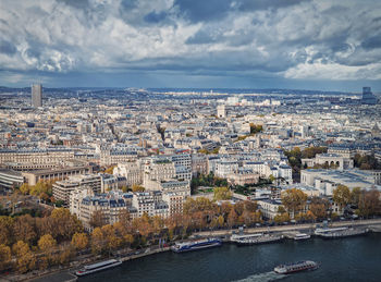 Paris city aerial sightseeing view over the seine river. beautiful seasonal panorama with colorful