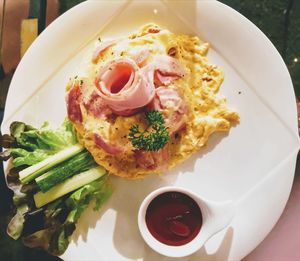 High angle view of breakfast served on table