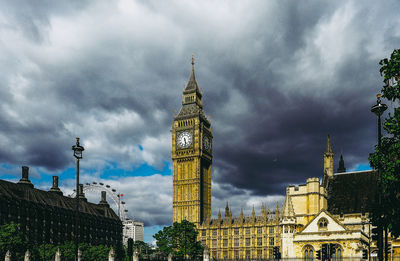 Low angle view of buildings against cloudy sky