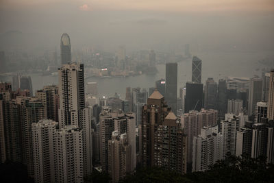 Aerial view of city at sunset