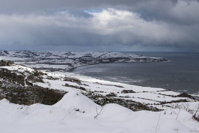 A winter snowy scene with a seaview