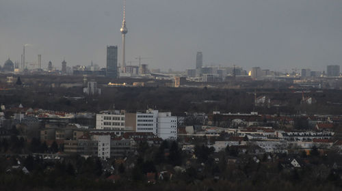 High angle view of buildings in city