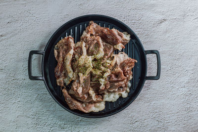 High angle view of food served on table