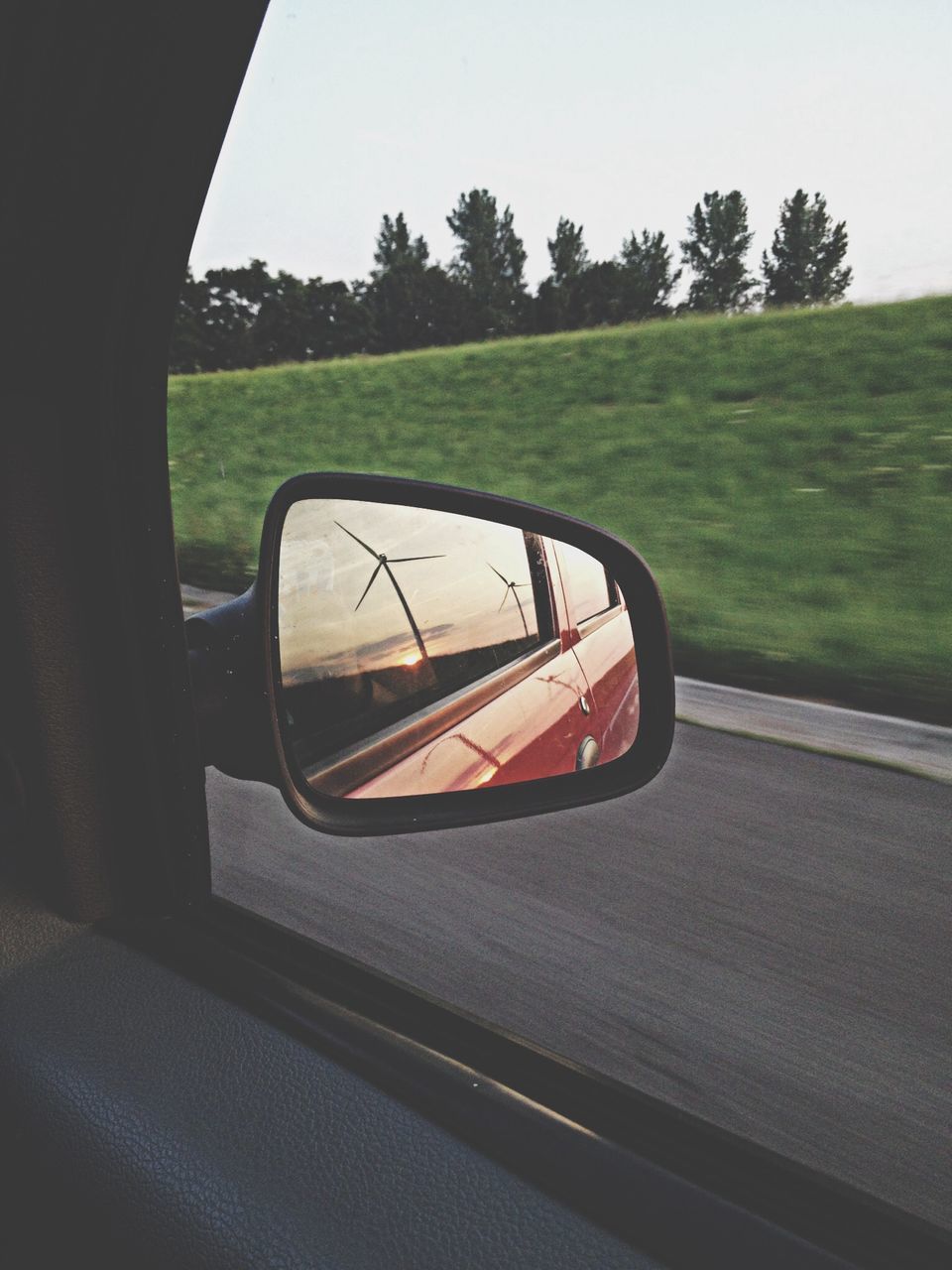 transportation, mode of transport, land vehicle, tree, side-view mirror, car, reflection, road, grass, field, landscape, vehicle interior, car interior, travel, sky, part of, no people, nature, day, growth