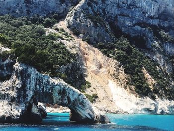 Scenic view of sea by rock formation