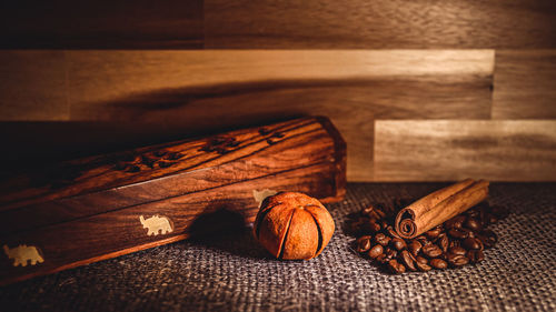 High angle view of pumpkins on table
