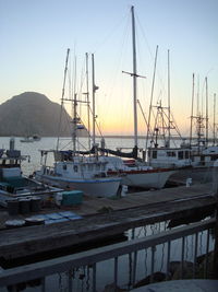 Sailboats moored in harbor at sunset