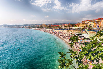 Scenic view of the waterfront and the promenade des anglais from the castle hill in nice, france