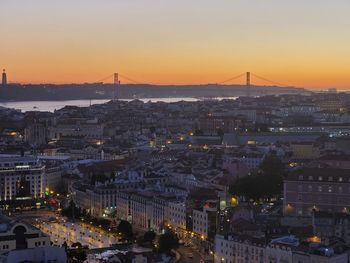 High angle view of illuminated buildings against sky during sunset in lisbon. 