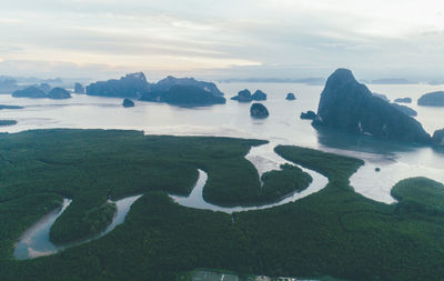 Aerial view of rock formations in sea