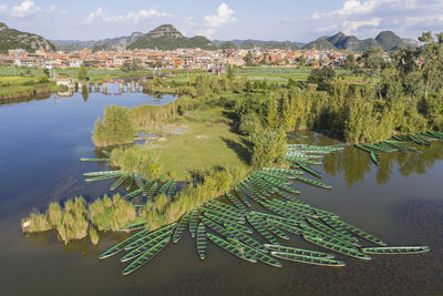 Aerial view of wooden boats in puzhehei, yunnan - china