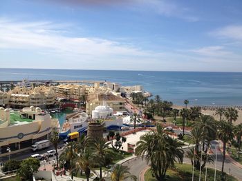 High angle view of city at seaside