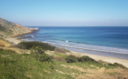 Scenic view of sea against clear sky