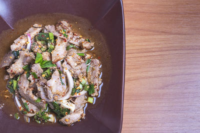 High angle view of food in plate on table