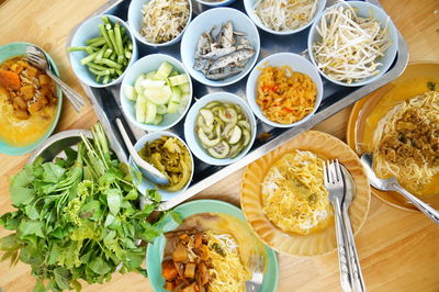 High angle view of various ingredients on table