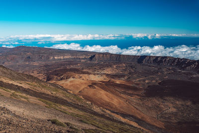 Scenic view of dramatic landscape against blue sky