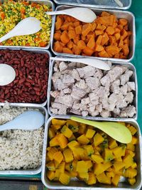 High angle view of chopped vegetables for sale in market