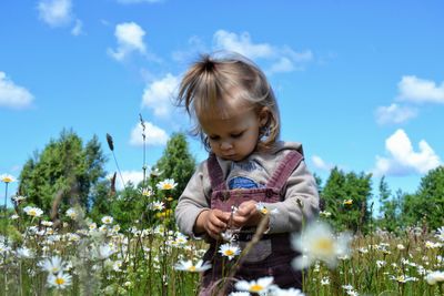 Cute girl standing on flowering field against blue sky