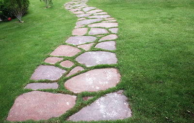 High angle view of stone wall in park
