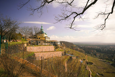 Panoramic view of trees and buildings against sky