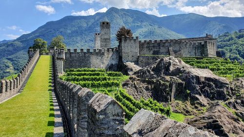 Panoramic view of historic building against mountain range