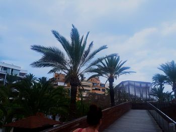 Palm trees by swimming pool against buildings in city