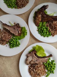 High angle view of food served on table