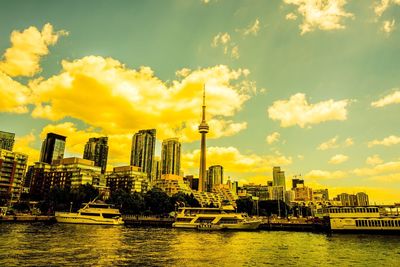 City skyline at sunset