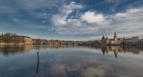 Reflection of buildings in lake against sky