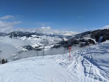 Scenic view of snowcapped mountains against sky