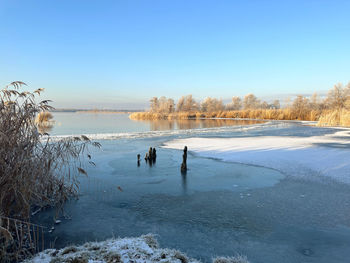 Scenic view of frozen sea in winter against clear sky