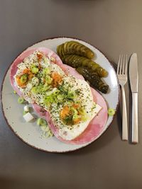 High angle view of breakfast served on table