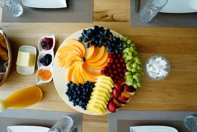 High angle view of various fruits on table