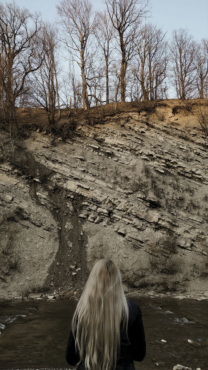 REAR VIEW OF WOMAN SITTING ON BARE TREE