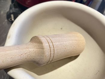 High angle view of mortar and pestle