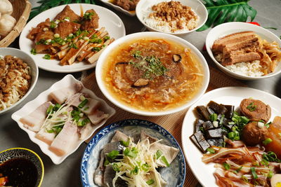 High angle view of food served on table