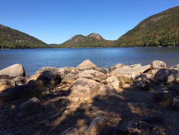 Scenic view of lake against clear sky