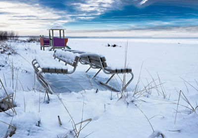 Scenic view of snow covered land against sky