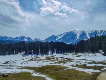 Scenic view of snowcapped mountains against sky