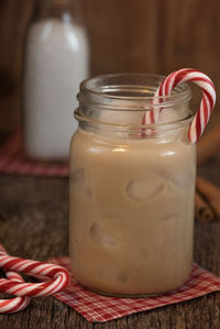 Close-up of drink in jar on table