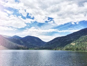 Scenic view of lake against cloudy sky