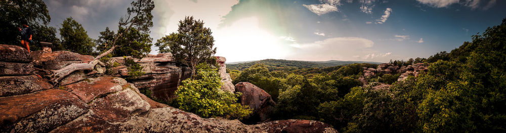 Panoramic view of rocks and trees against sky