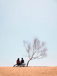 Rear view of people riding horse on land